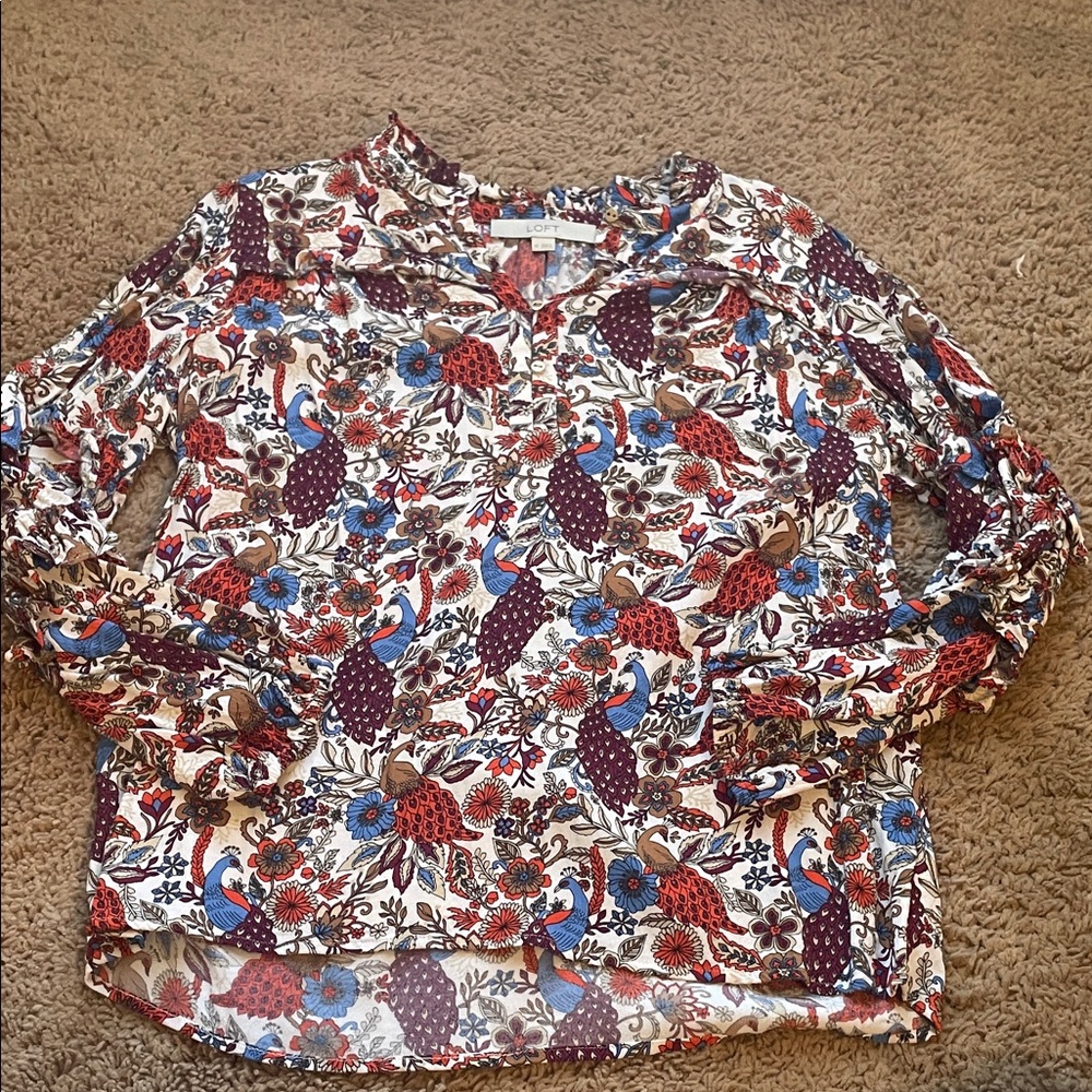 LOFT White Multi Floral & Peacock Print Long-Sleeve Blouse